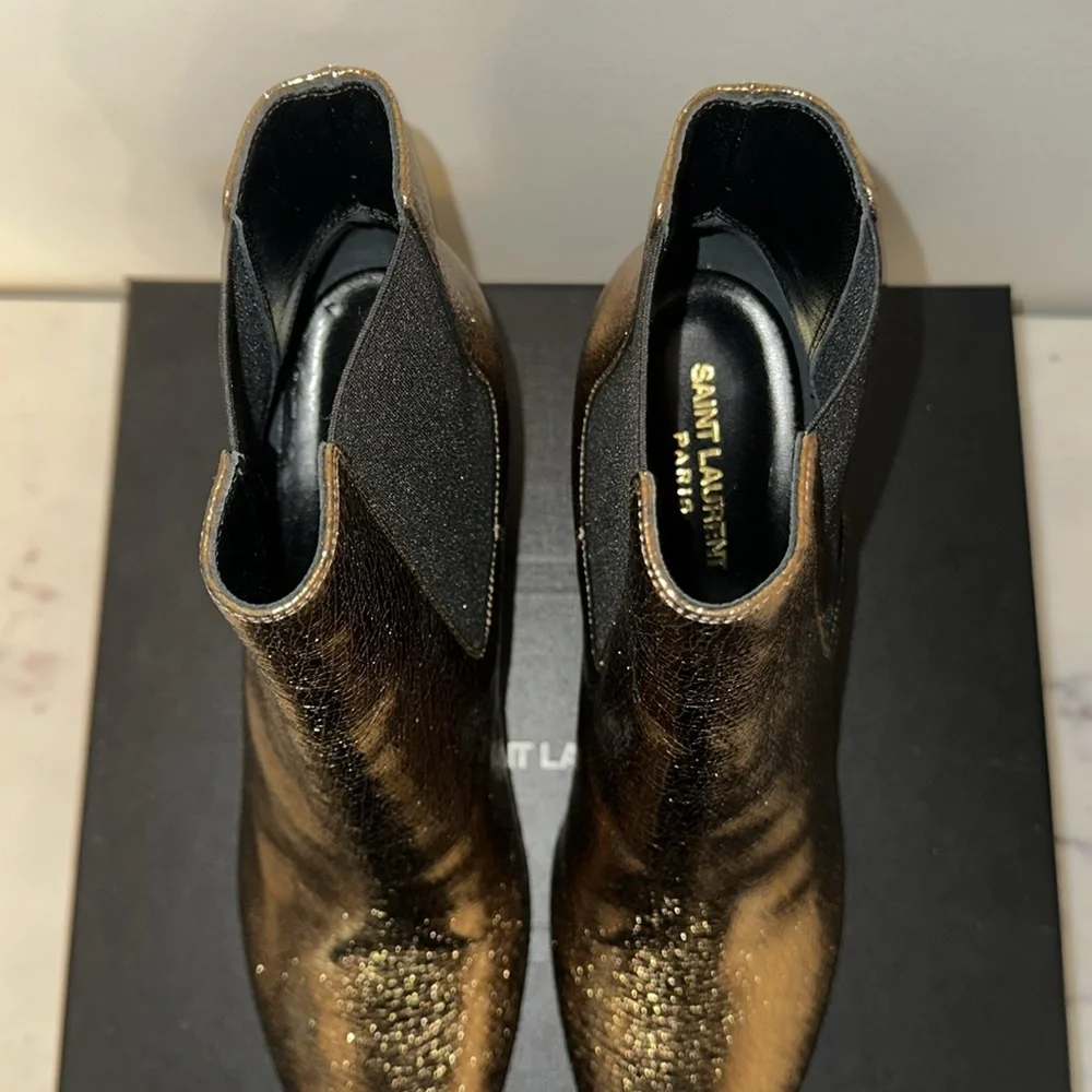 RARE Saint Laurent mid-heel leather boot in super crack/nero lucido.  Size 9 - Picture 2 of 9